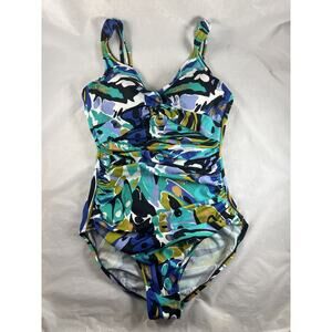 Abstract Multicolor Print One Piece Swimsuit Ruched Sides Twisted Bodice Size 14